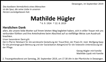 Traueranzeige von Mathilde Hügler von Schwäbische Post