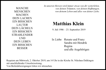 Traueranzeige von Matthias Klein von Schwäbische Post
