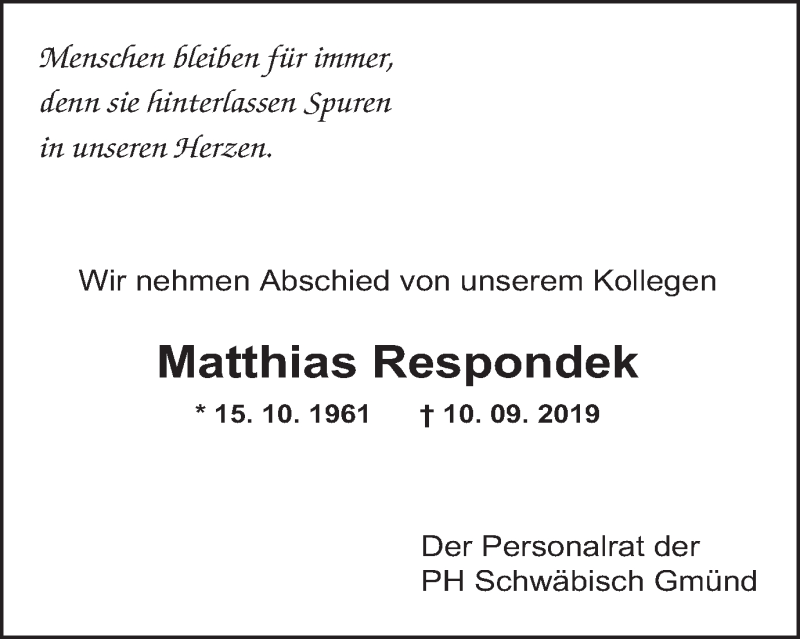  Traueranzeige für Matthias Respondek vom 19.09.2019 aus Gmünder Tagespost
