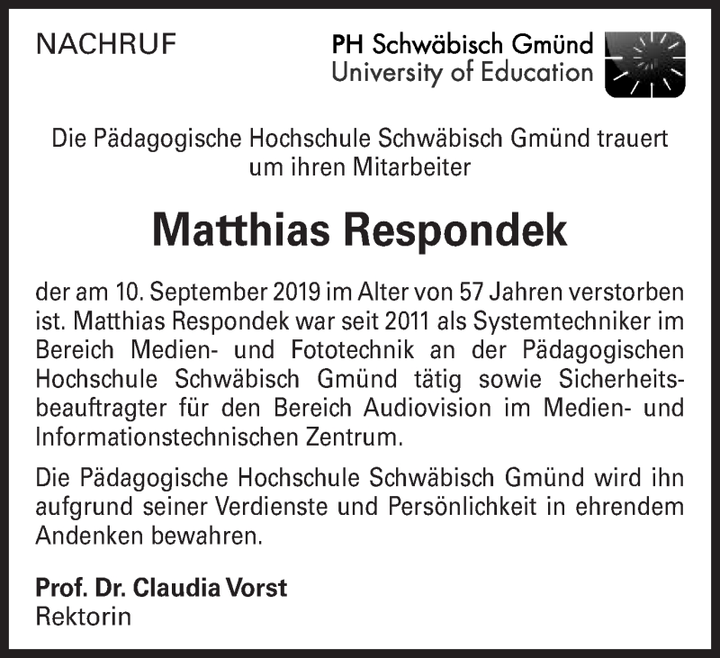  Traueranzeige für Matthias Respondek vom 17.09.2019 aus Gmünder Tagespost