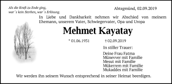 Traueranzeige von Mehmet Kayatay von Schwäbische Post