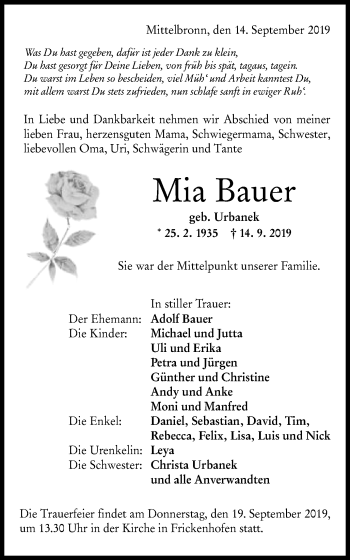 Traueranzeige von Mia Bauer von Gmünder Tagespost