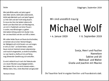 Traueranzeige von Michael Wolf von Gmünder Tagespost