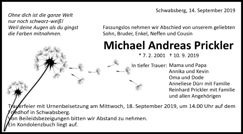  Traueranzeige für Michael Andreas Prickler vom 14.09.2019 aus Schwäbische Post