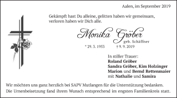 Traueranzeige von Monika Gröber von Schwäbische Post