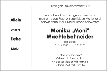 Traueranzeige von Monika Wachtelschneider von Schwäbische Post