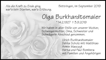 Traueranzeige von Olga Burkhardtsmaier von Gmünder Tagespost