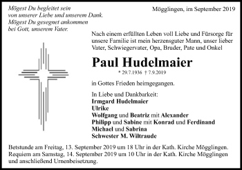 Traueranzeige von Paul Hudelmaier von Gmünder Tagespost