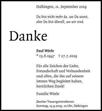 Traueranzeige von Paul Wörle von Schwäbische Post