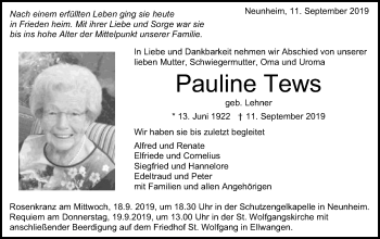 Traueranzeige von Pauline Tews von Schwäbische Post