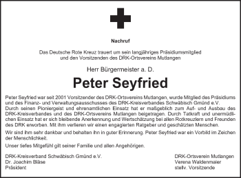 Traueranzeige von Peter Seyfried von Gmünder Tagespost