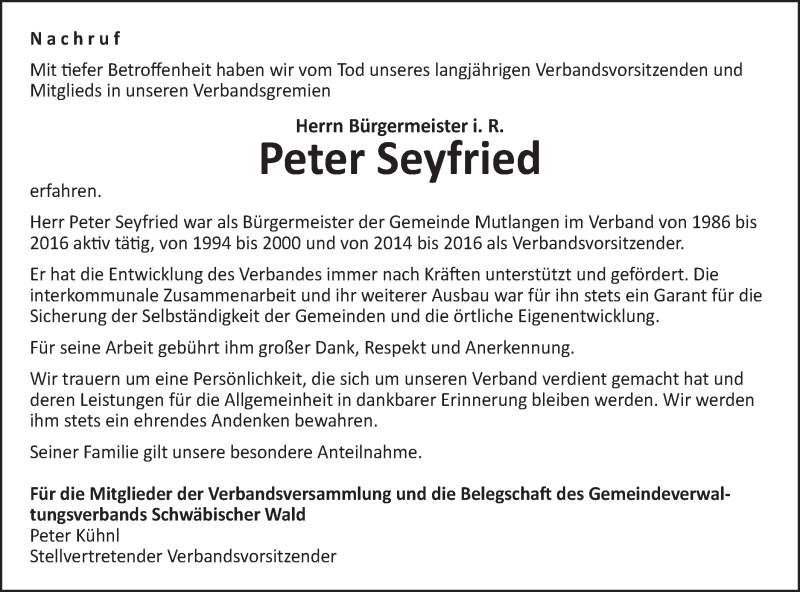  Traueranzeige für Peter Seyfried vom 11.09.2019 aus Gmünder Tagespost
