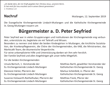 Traueranzeige von Peter Seyfried von Gmünder Tagespost