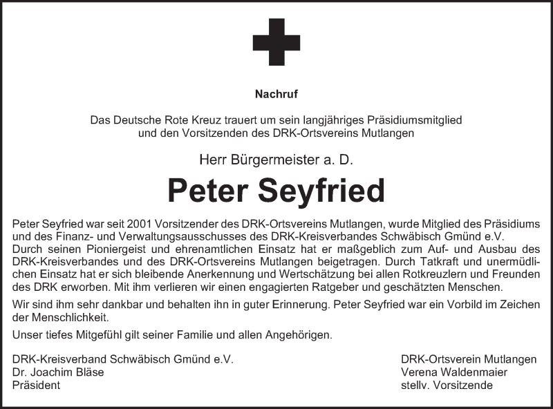 Traueranzeige für Peter Seyfried vom 11.09.2019 aus Gmünder Tagespost