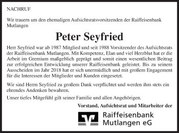Traueranzeige von Peter Seyfried von Gmünder Tagespost