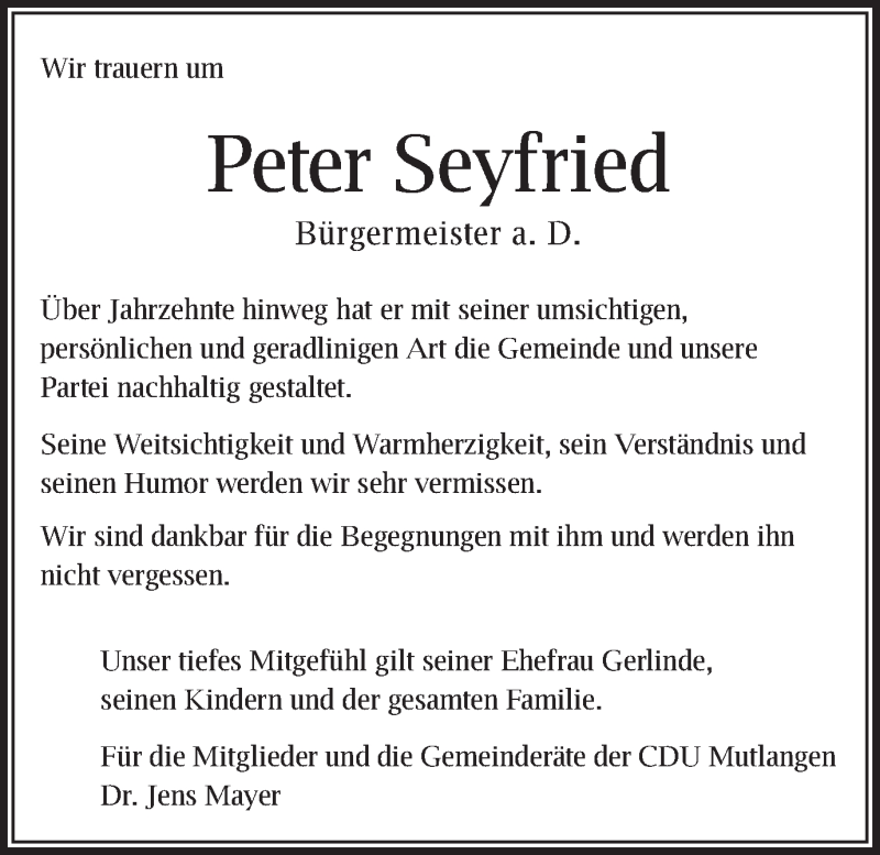  Traueranzeige für Peter Seyfried vom 11.09.2019 aus Schwäbische Post