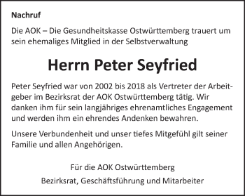 Traueranzeige von Peter Seyfried von Gmünder Tagespost