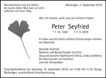 Traueranzeige von Peter Seyfried von Schwäbische Post
