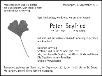 Traueranzeige von Peter Seyfried