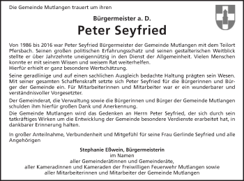 Traueranzeige von Peter Seyfried von Gmünder Tagespost