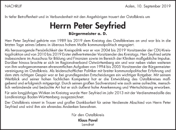 Traueranzeige von Peter Seyfried von Schwäbische Post