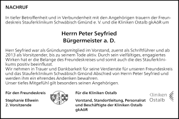Traueranzeige von Peter Seyfried von Gmünder Tagespost
