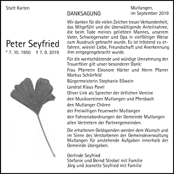 Traueranzeige von Peter Seyfried von Schwäbische Post