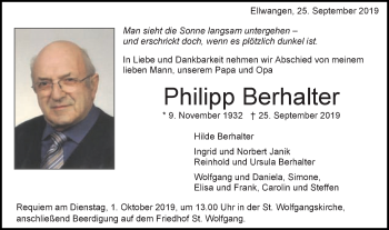 Traueranzeige von Philipp Berhalter von Schwäbische Post