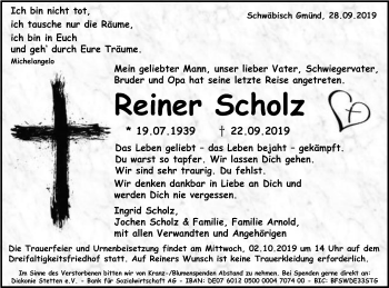 Traueranzeige von Reiner Scholz von Gmünder Tagespost