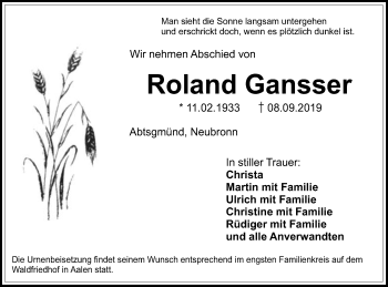 Traueranzeige von Roland Gansser von Schwäbische Post