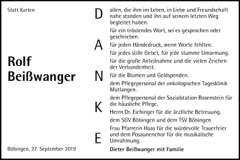 Traueranzeige von Rolf Beißwanger von Gmünder Tagespost
