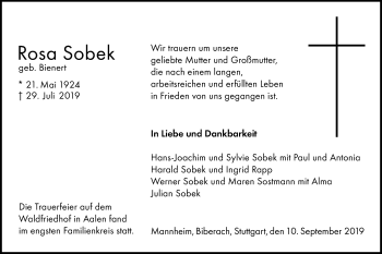 Traueranzeige von Rosa Sobek von Schwäbische Post