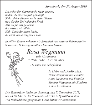 Traueranzeige von Rosa Wegmann von Gmünder Tagespost