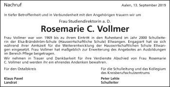 Traueranzeige von Rosemarie C. Vollmer von Schwäbische Post