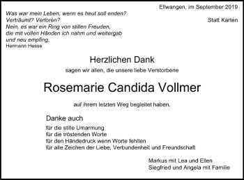 Traueranzeige von Rosemarie Candida Vollmer von Schwäbische Post
