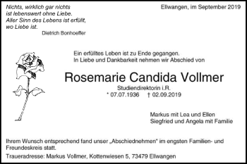 Traueranzeige von Rosemarie Candida Vollmer von Schwäbische Post