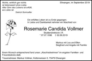 Traueranzeige von Rosemarie Candida Vollmer