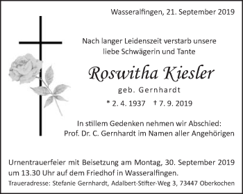Traueranzeige von Roswitha Kiesfer von Schwäbische Post