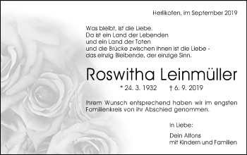 Traueranzeige von Roswitha Leinmüller von Gmünder Tagespost