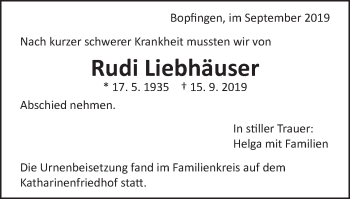 Traueranzeige von Rudi Liebhäuser von Schwäbische Post