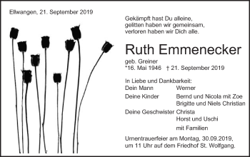 Traueranzeige von Ruth Emmenecker von Schwäbische Post
