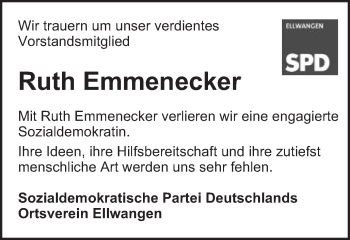 Traueranzeige von Ruth Emmenecker von Schwäbische Post