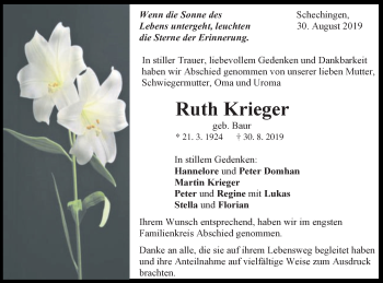 Traueranzeige von Ruth Krieger von Gmünder Tagespost
