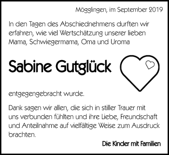 Traueranzeige von Sabine Gutglück von Gmünder Tagespost