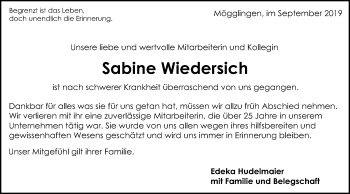 Traueranzeige von Sabine Wiedersich von Gmünder Tagespost