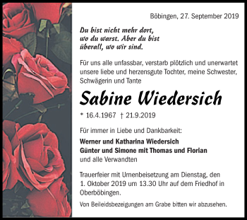 Traueranzeige von Sabine Wiedersich von Gmünder Tagespost