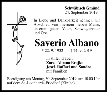 Traueranzeige von Saverio Albano von Gmünder Tagespost