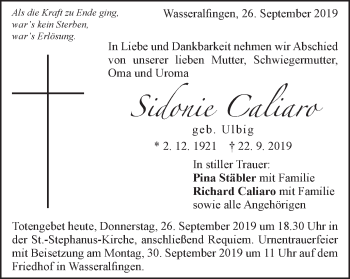Traueranzeige von Sidonie Caliaro von Schwäbische Post