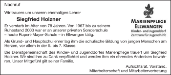 Traueranzeige von Siegfried Holzner von Schwäbische Post