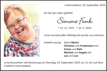 Traueranzeige von Simone Funk von Schwäbische Post